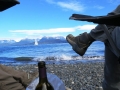 Watching the tide in Homer, AK, with some delicous raspberry wine made in Homer.