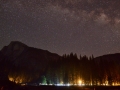 The Milky Way in Yosemite Valley. Yosemite Valley Village is shown with Half Dome towards the left.